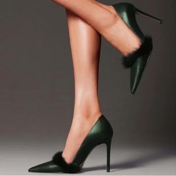 FSJ Green Pointy Toe Classic Stiletto Heel Pumps with Fur Accent border - Picture 1 of 7